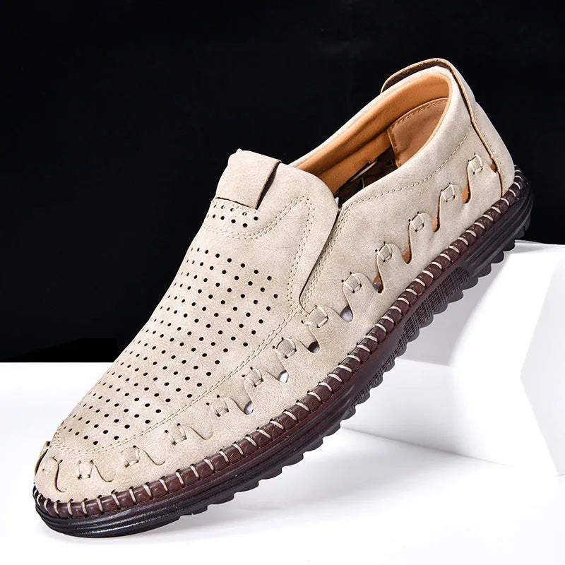 Men's brown casual slip-on shoes with round toe, flat heel, and sewn sole detailing.