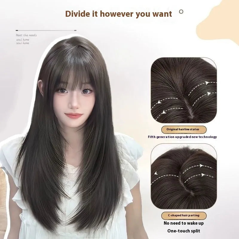 Black long straight layered synthetic hair wig with wear-free full-head hair net construction