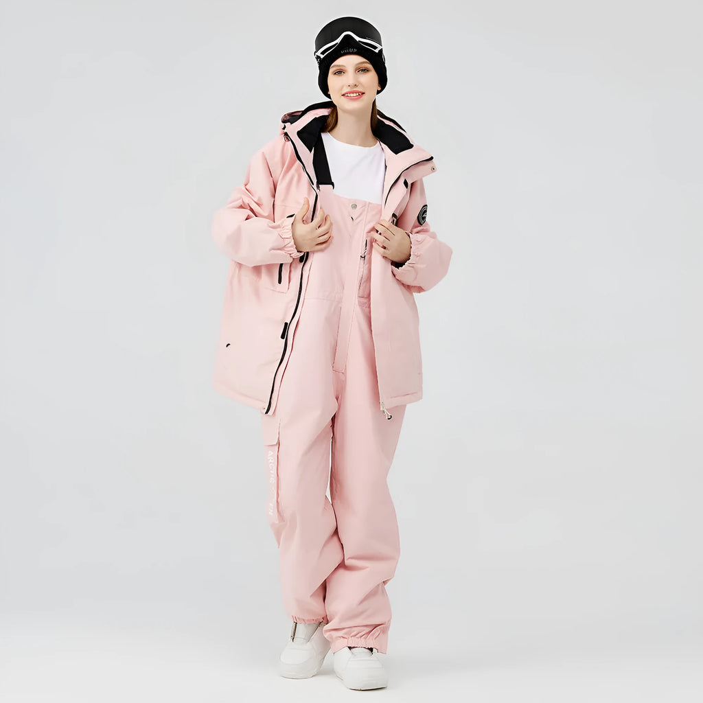 Men's and women's waterproof winter ski suit in blue top with grey blue trousers.