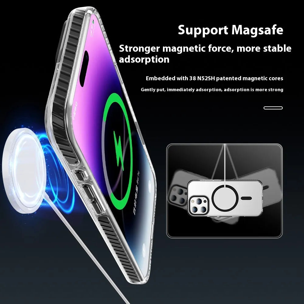 Transparent magnetic phone case for iPhone 15 or 16 series with anti-fall shell in black colour