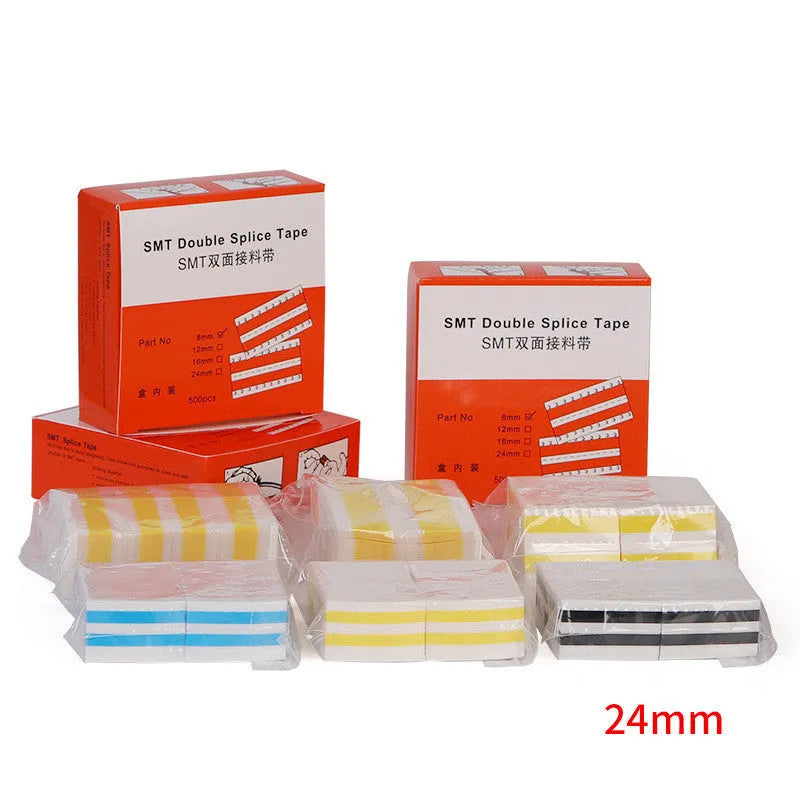 Rolls of SMT double-sided splicing tape in yellow, blue, black, and gum colours for placement machines.