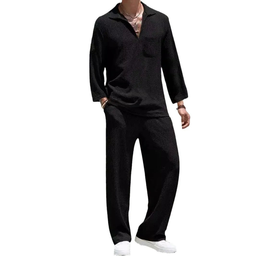 Men's casual shirt and trousers commuter suit set in polyester, shown in lake blue colour