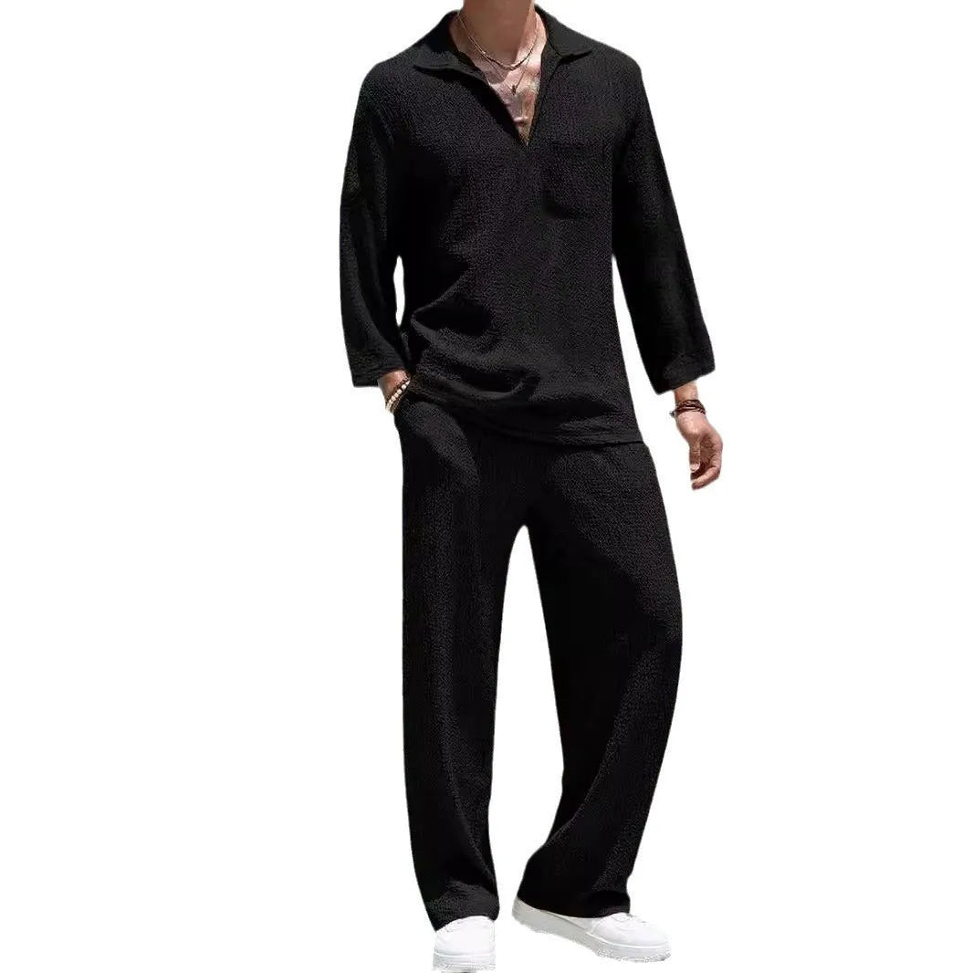 Men's casual shirt and trousers commuter suit set in polyester, shown in lake blue colour