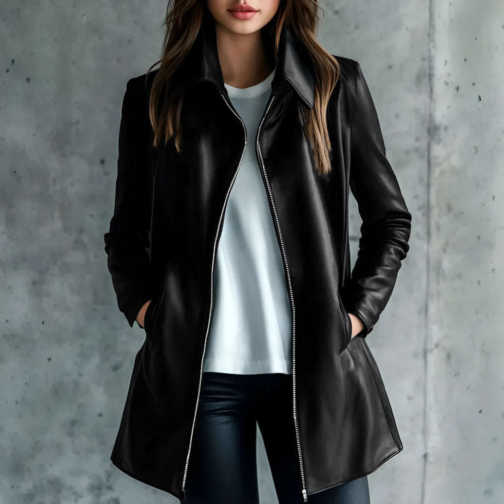 Black polyester leather jacket for women, medium length 65cm with long sleeves.