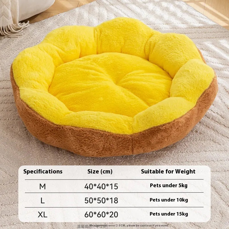 A round plush cat bed with a detachable cover, shown in a brown grey colour.