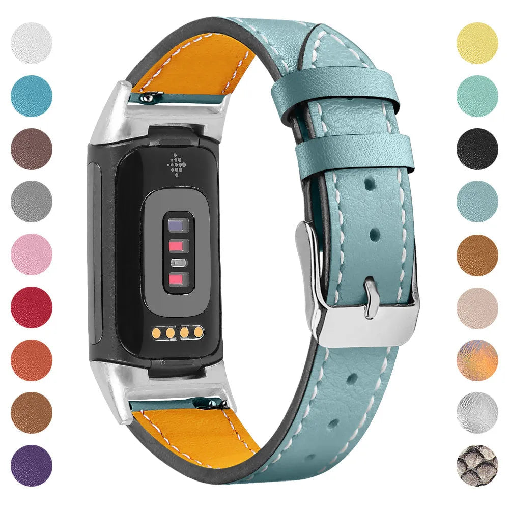 Genuine brown leather watch strap for Fitbit Charge 5 and Charge 6 smartwatches.