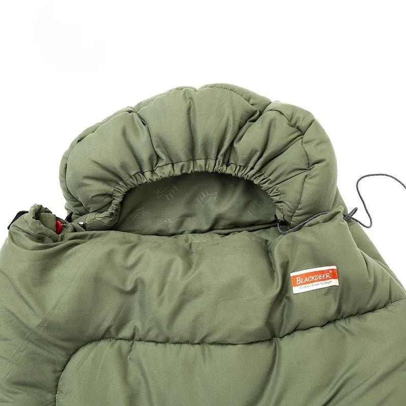 Cotton camping sleeping bag in ochre colour folded to show portable design