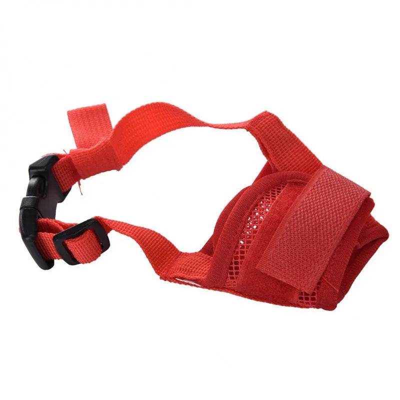 Adjustable plastic dog muzzle in various colours showing snout coverage and head strap attachment