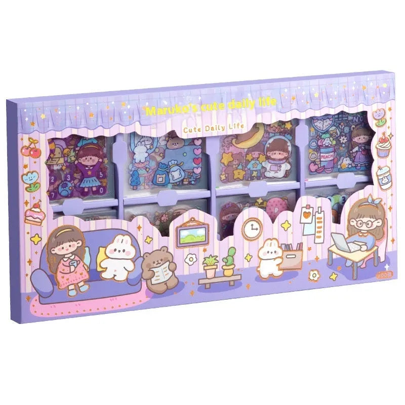Box of colourful children's stickers with five different design themes for craft projects