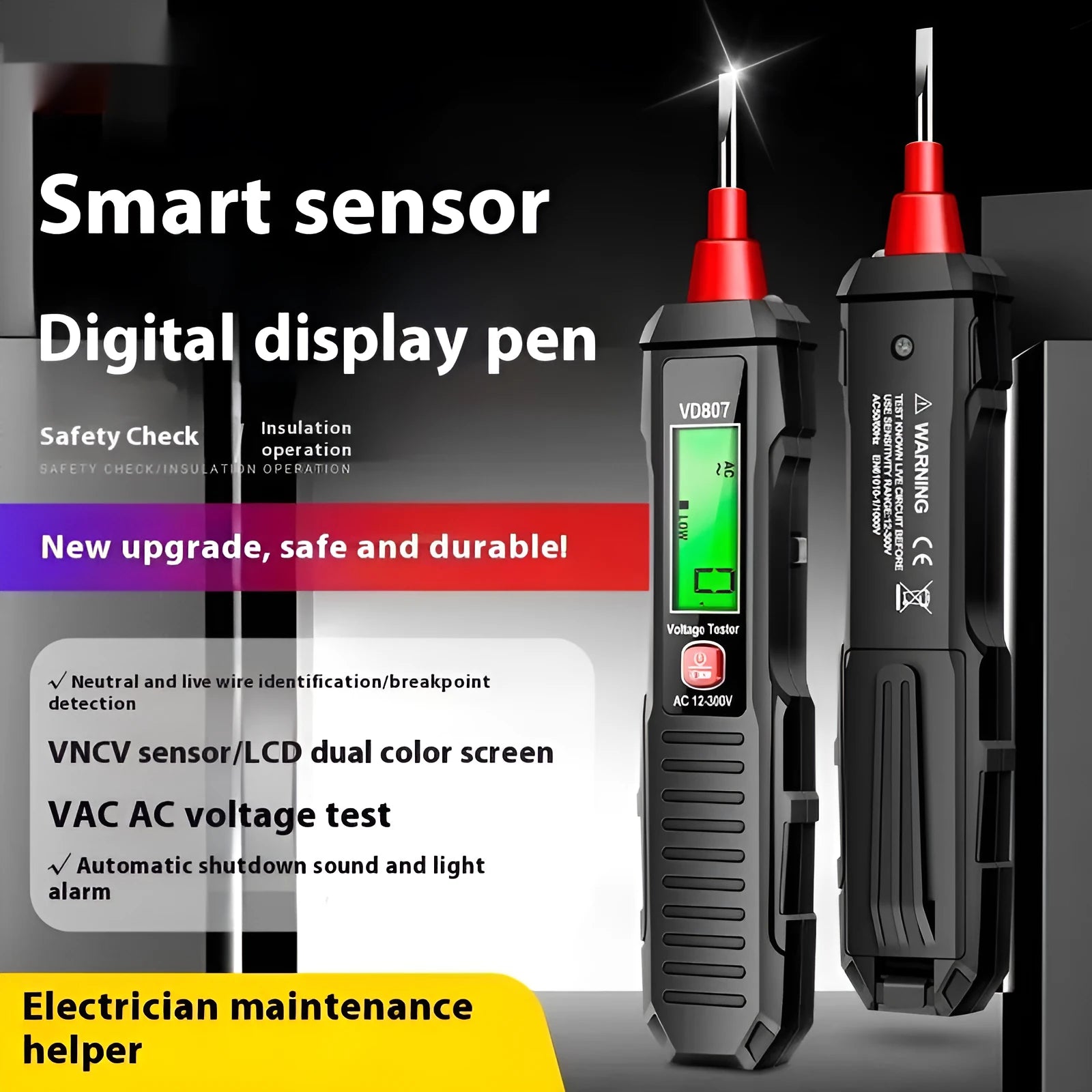 Black digital voltage measuring pen with LCD display showing voltage reading
