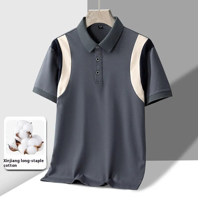Men's striped business lapel short-sleeved t-shirt in thin cotton fabric, Korean loose fit