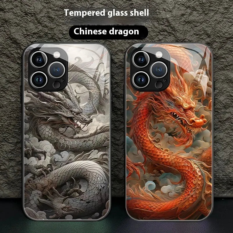 Graphite Black glass hard phone case with painted Chinese dragon design for Apple iPhone