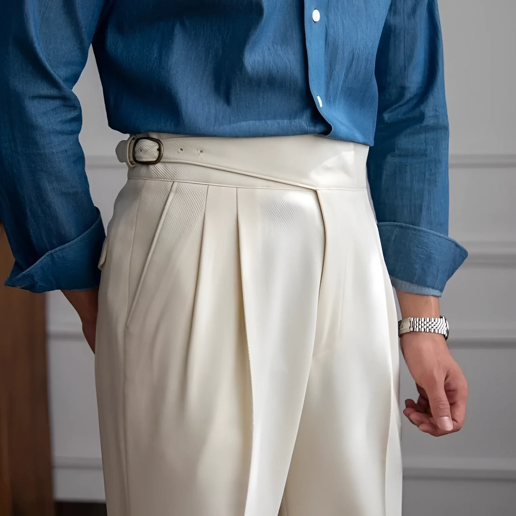 Man wearing black high-waisted straight-leg casual polyester trousers.