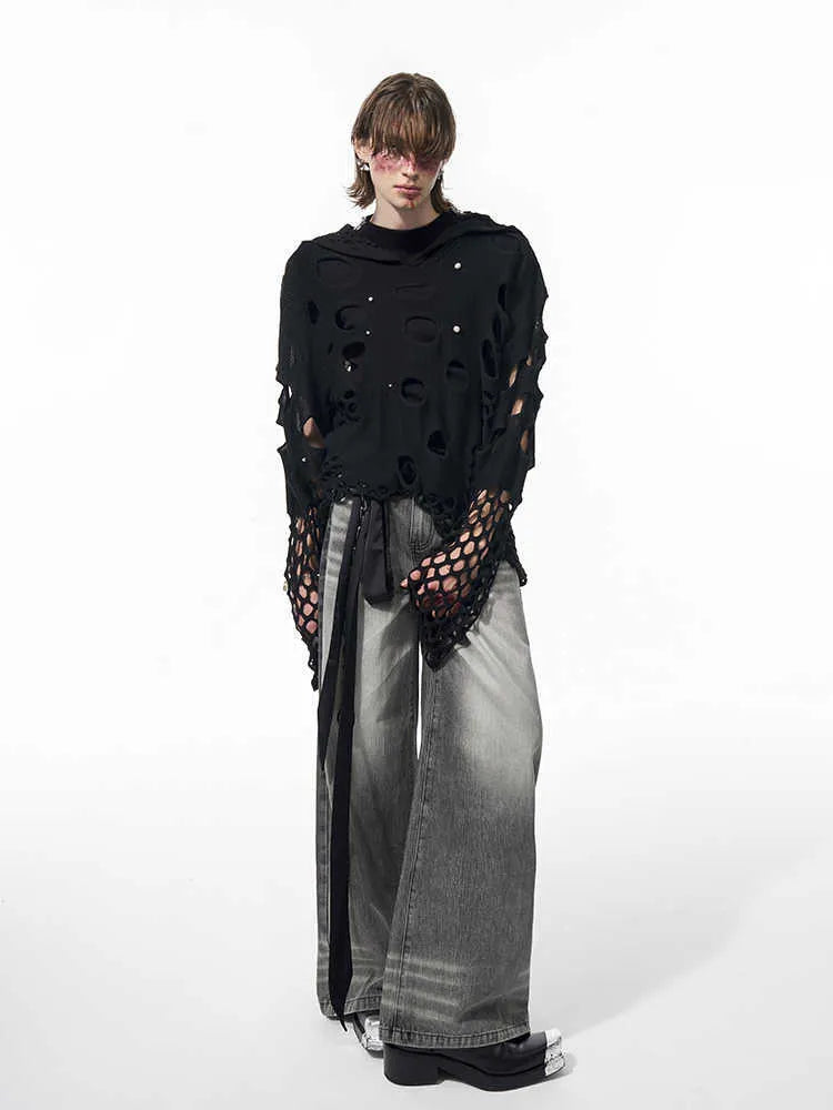 Black men's hoodie with pearl decorative details and loose fit pullover design