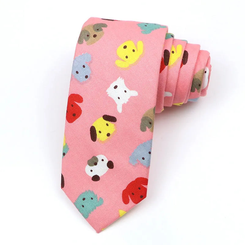 Korean style narrow men's cotton bow tie with a printed cartoon pattern in a selected colour.