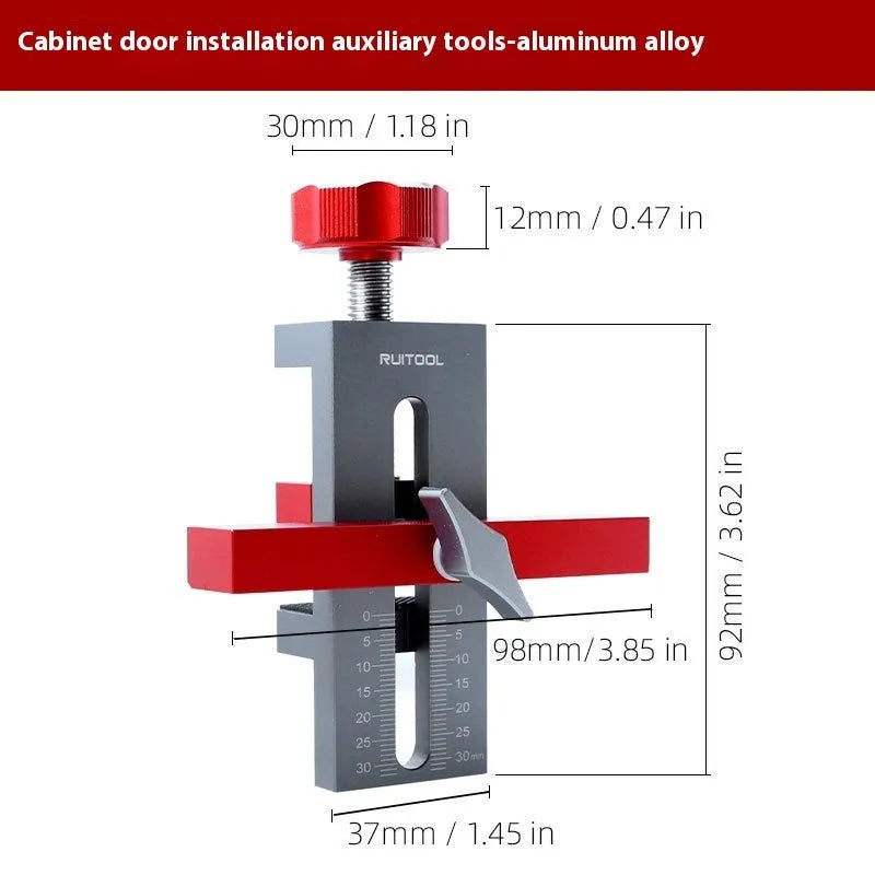 Aluminium alloy cabinet door installation aid for woodworking hinge alignment.