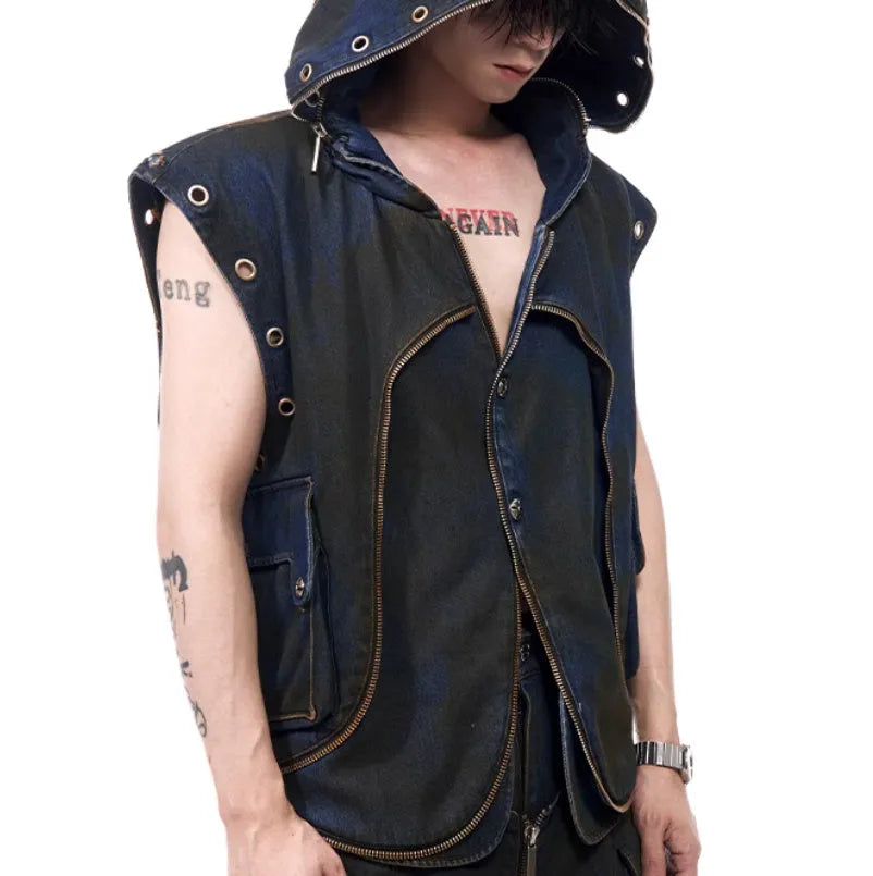 Blue polyester Korean style hooded denim vest coat with matching trousers two-piece set