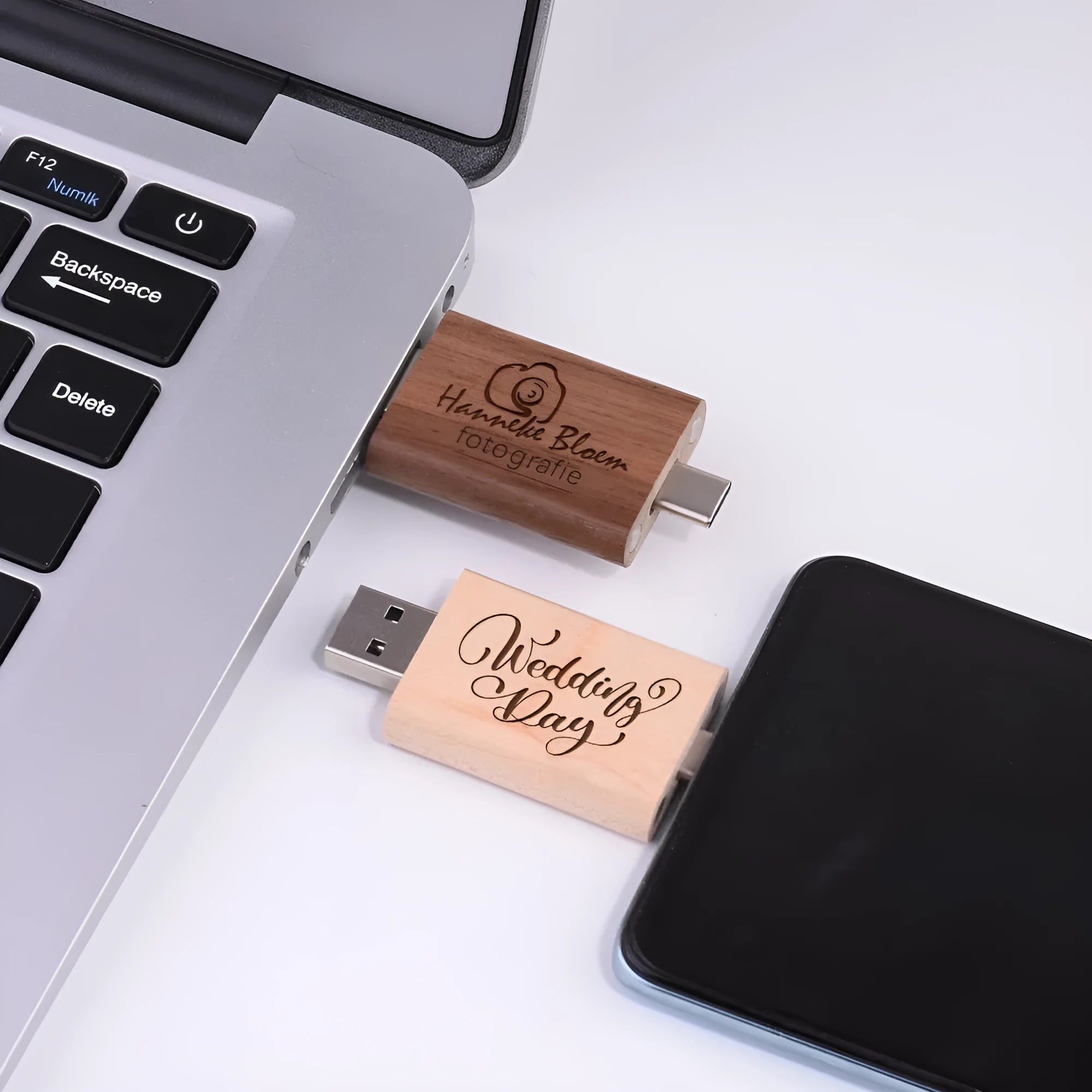 Maple wood carved USB flash drive with Type-C phone connector showing custom engraving