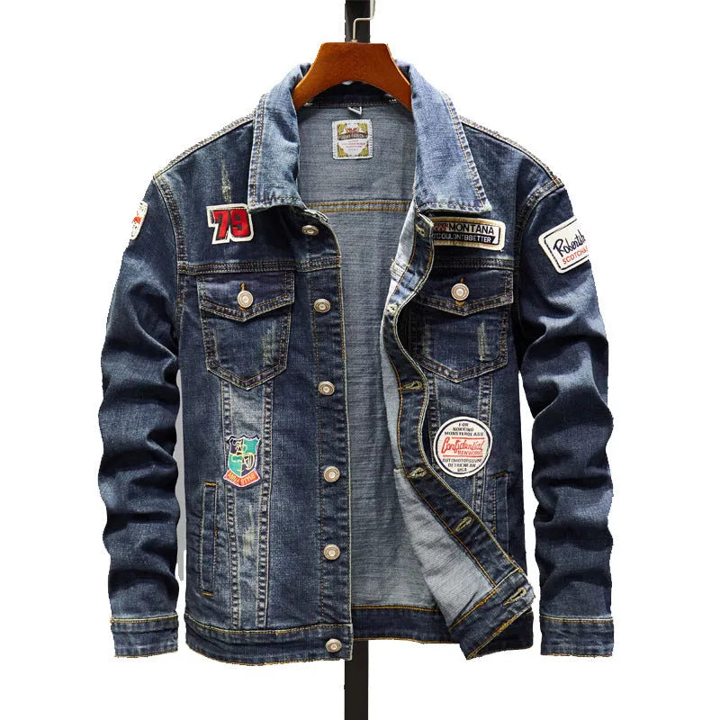 Plus size men's cotton denim jacket in dark blue slim fit with long sleeves round hem