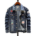 Plus size men's cotton denim jacket in dark blue slim fit with long sleeves round hem