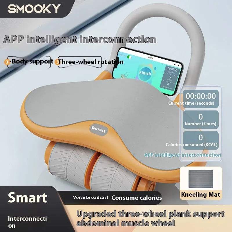 Three-wheel abdominal exercise wheel with automatic rebound mechanism and kneel pad in black and orange colours