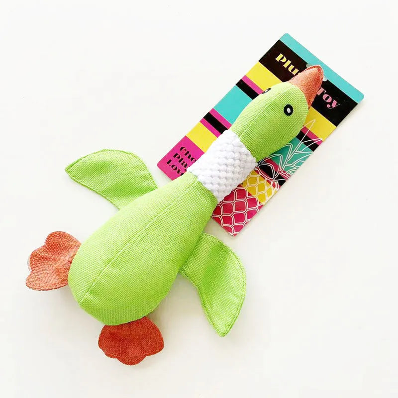 Blue duck-shaped plush dog toy with squeakers measuring 33cm long