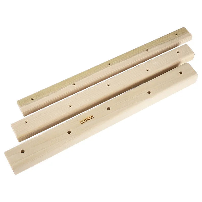 Set of three wooden hangboards for grip strength training, showing different widths and depths.