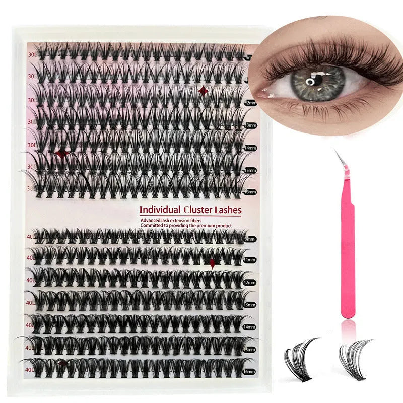 DIY false eyelashes mixed package showing 30D and 40D cluster lashes in 9-16mm lengths with application tweezers