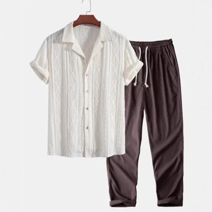Slim fit camouflage print short-sleeve shirt and trousers casual suit set
