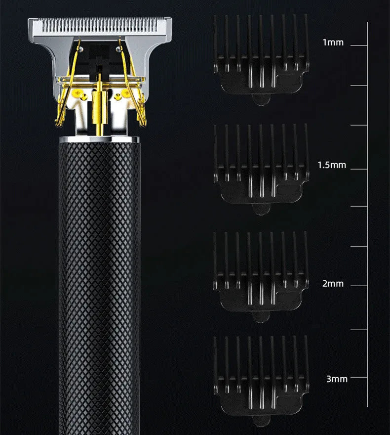 Black rechargeable electric hair clipper with gold steel blades, four combs, and cleaning brush