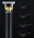 Black rechargeable electric hair clipper with gold steel blades, four combs, and cleaning brush