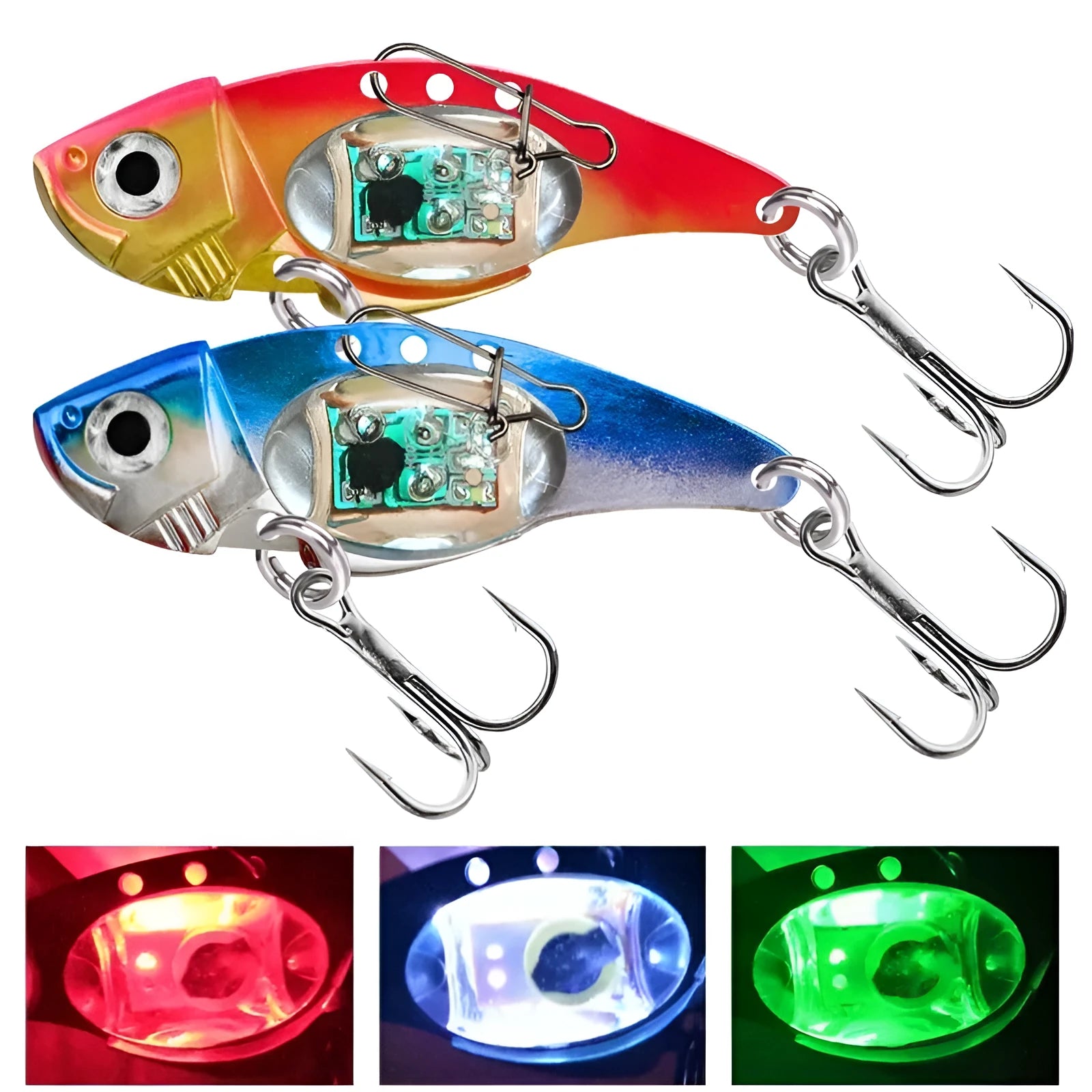 Metal vib electronic fishing lure with luminous construction in blue and red colour options