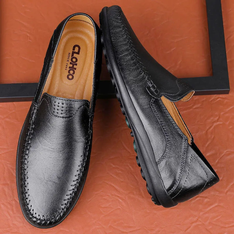 Men's brown leather casual shoes with round toe design and rubber sole for business casual wear