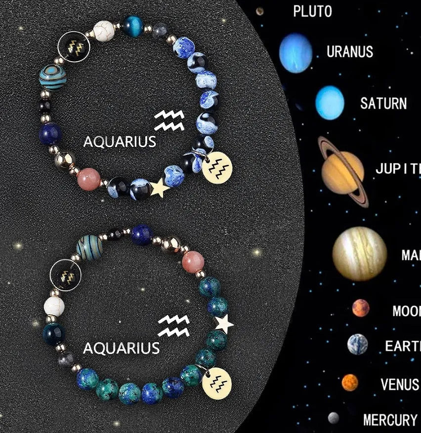 Two natural stone beaded bracelets displaying zodiac symbols on a textured background.