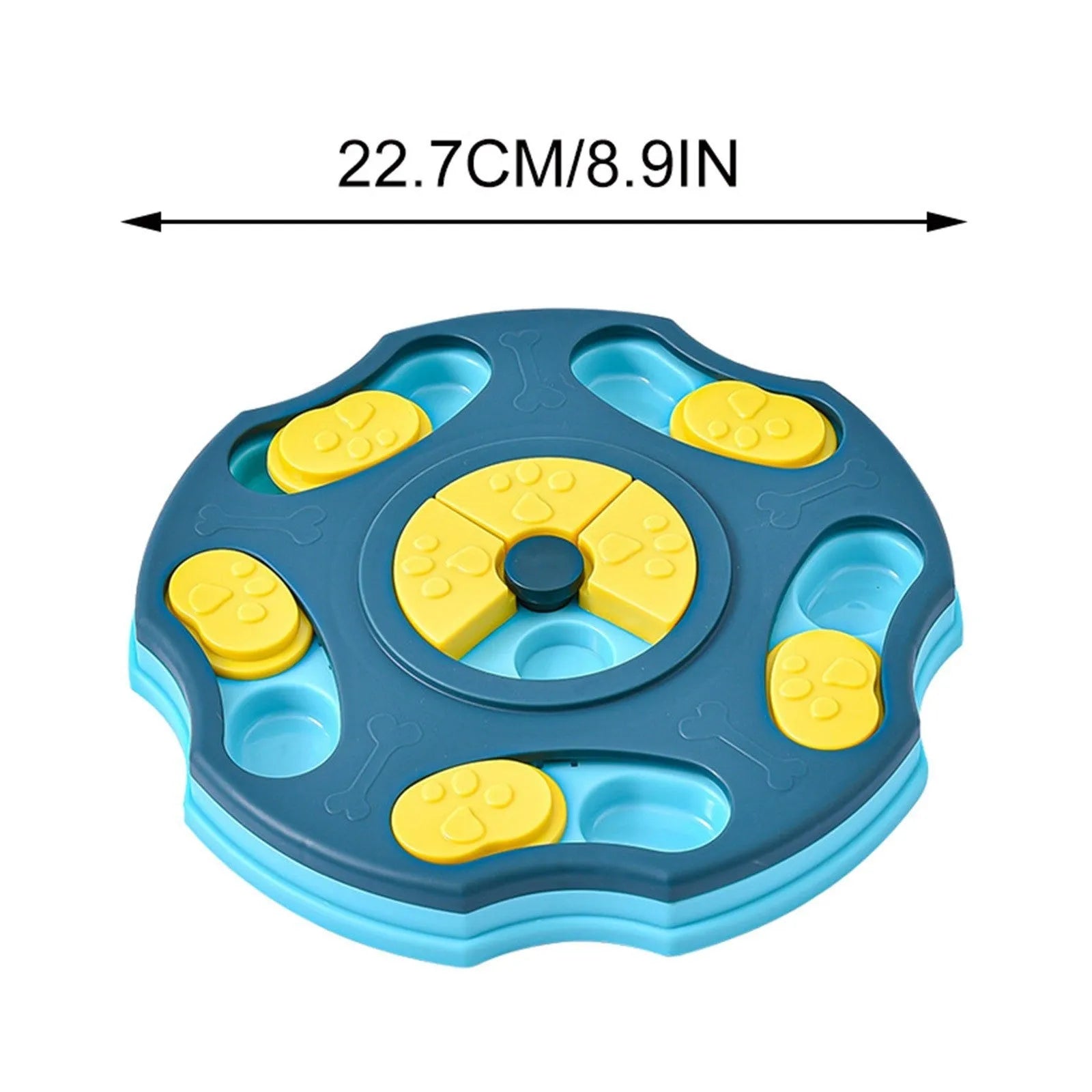 Blue dog puzzle feeder bowl with movable compartments for food-searching games and mental stimulation