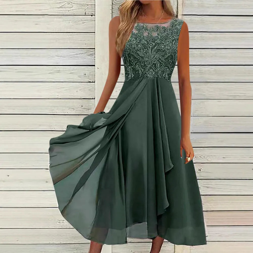 Women's sleeveless chiffon dress with lace hollow-out stitching in green, shown in midi length princess style