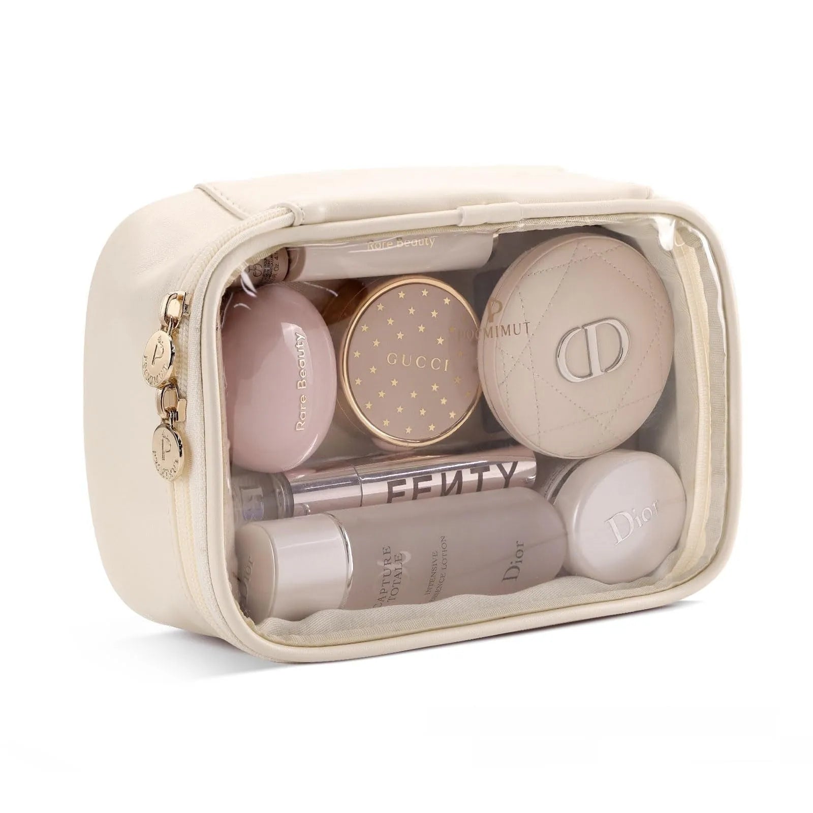 Transparent PVC leather cosmetic bag showing interior organisation and dry wet separation compartments.