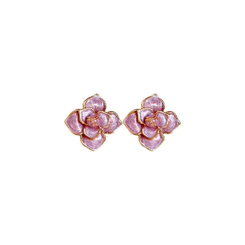 Purple oil-spot glaze gold-plated copper flower stud earrings with silver needle detail