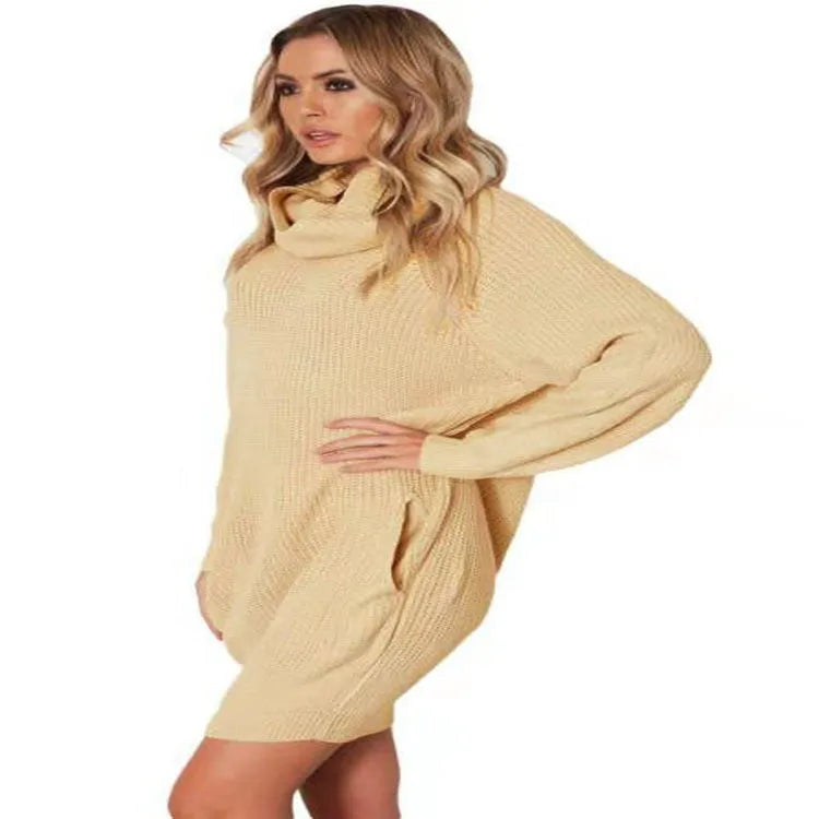 Women's pullover sweater with loose lapel and side pockets in slim mid-length fit
