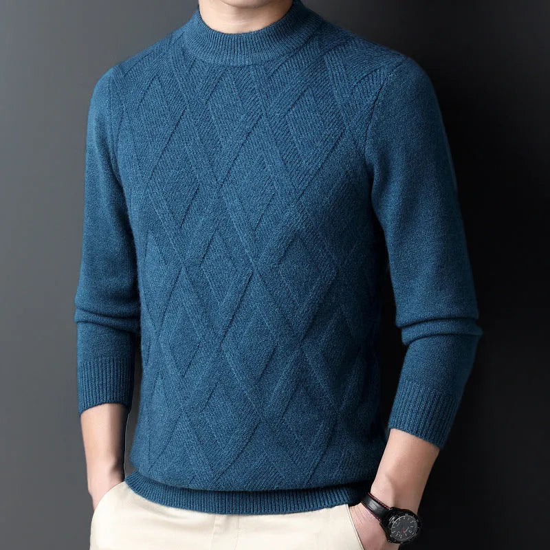 Men's winter thermal wool diamond jacquard pullover sweater shown in light camel colour