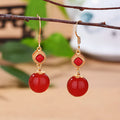 Southern Red Agate round bead earrings with S925 silver geometric inlay on copper alloy frame