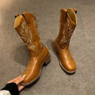 Brown women's mid-calf embroidered martin boots with leather lining and waterproof platform