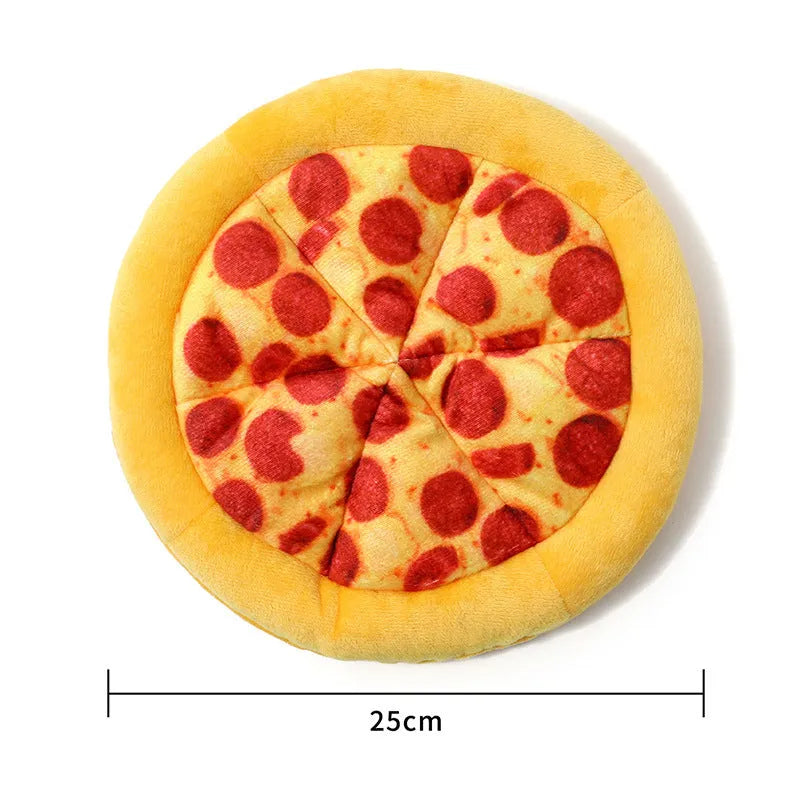 Yellow pizza slice shaped soft fabric dog chew toy with internal squeaker.