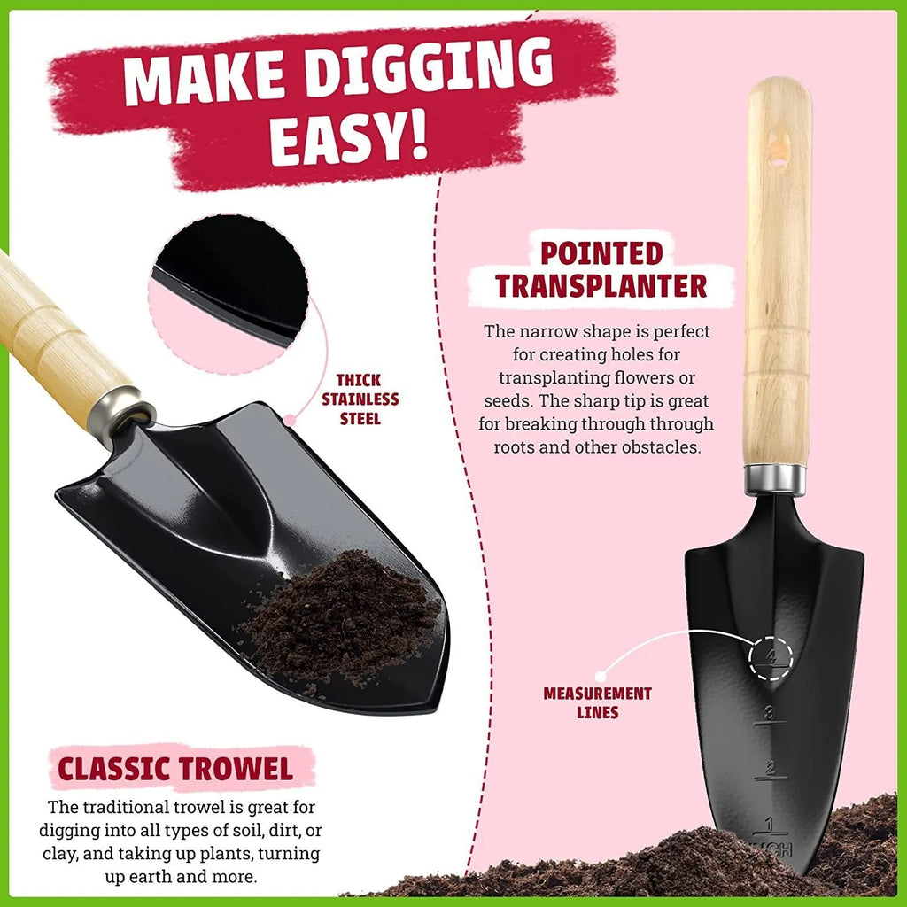 Stainless steel gardening tool set with eight pieces including trowel and cultivator