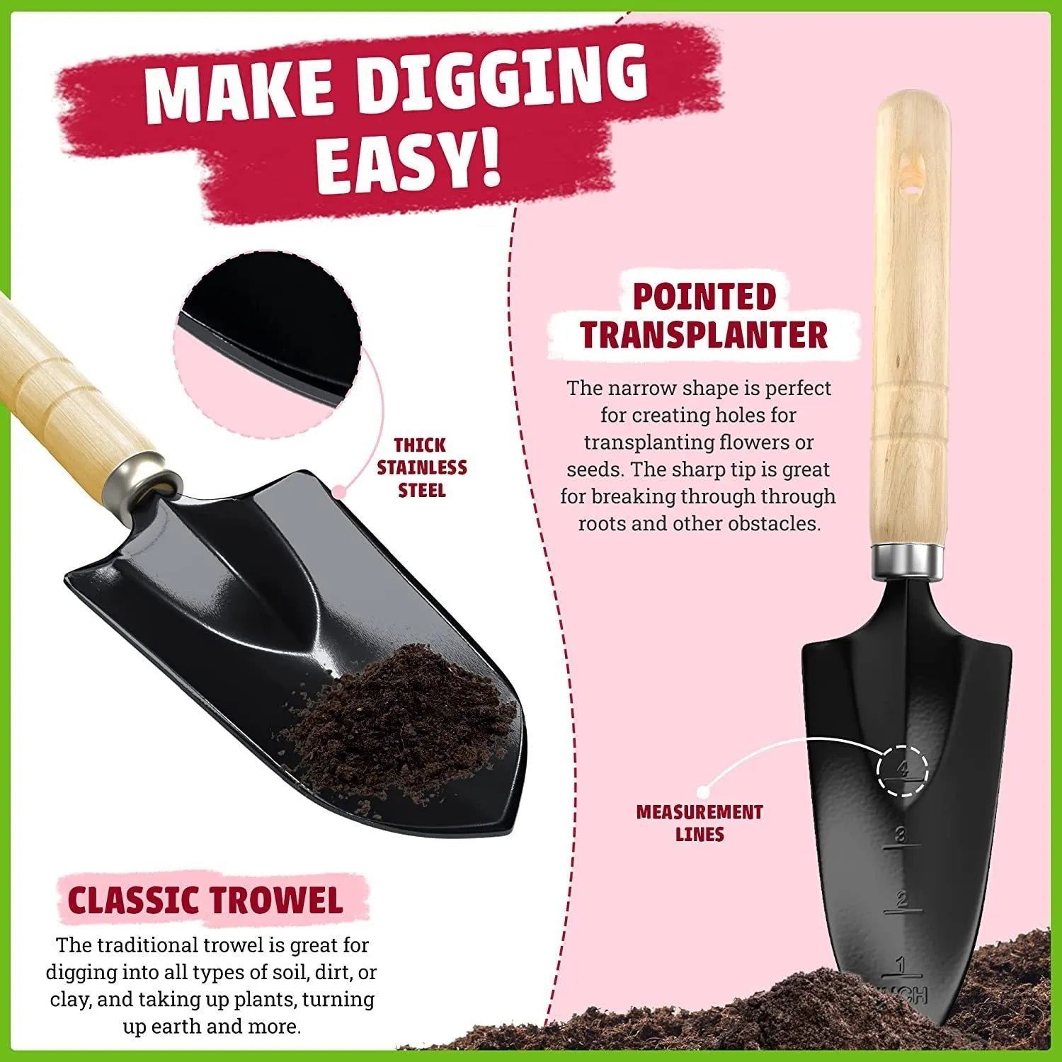 Stainless steel gardening tool set with eight pieces including trowel and cultivator