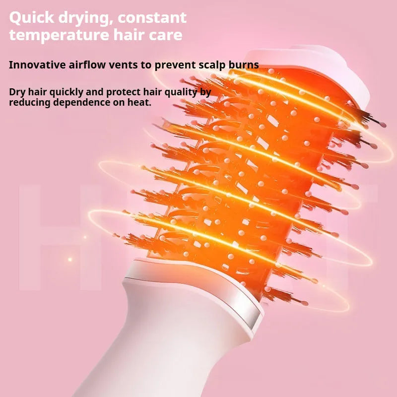 Pink multifunctional hair dryer with integrated comb and curling attachments for drying and styling hair