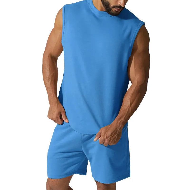 Men's solid colour sleeveless sports top and matching casual shorts set on a hanger
