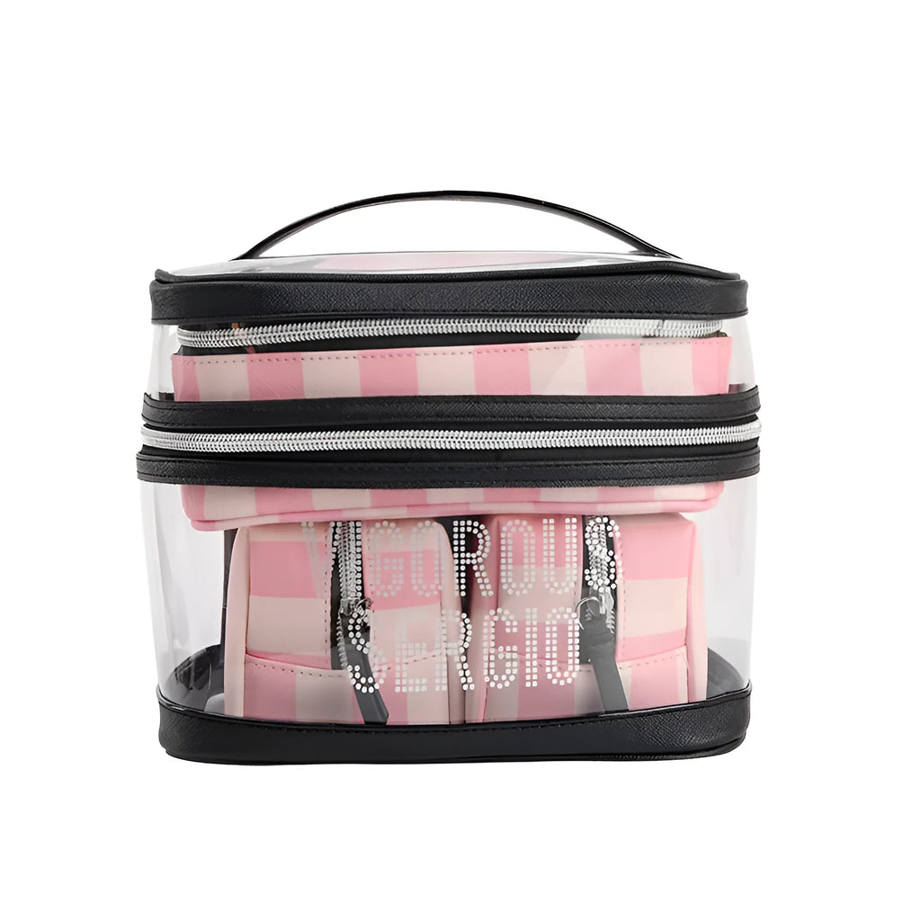 Pink bold stripes pattern professional makeup bag with floral elements and synthetic leather construction