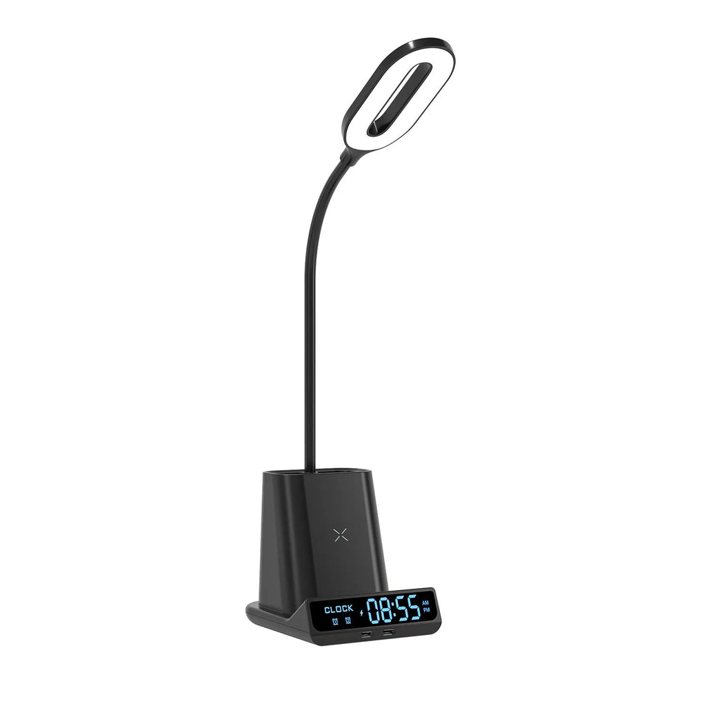 Wireless charging desk lamp with integrated pen holder and storage compartment in modern design