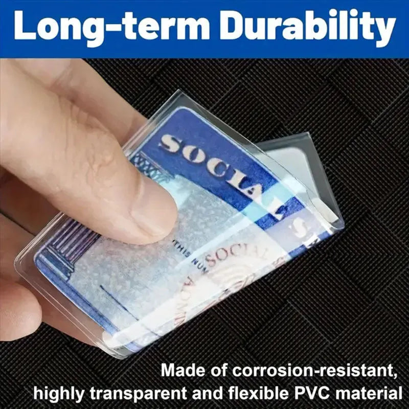Clear transparent PVC card holder for social security and ID cards, size 9.7 by 5.9 centimetres.